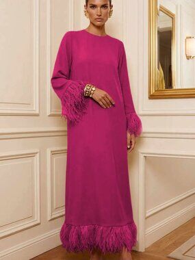Shirees Feather Trim Cuff Long Sleeve Maxi Formal Dress - Stretch Jersey